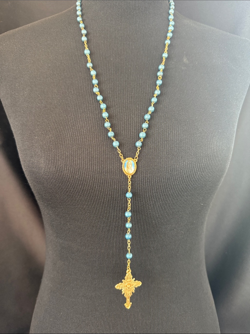 Gold tone and  Blue Bead Rosary Necklace
